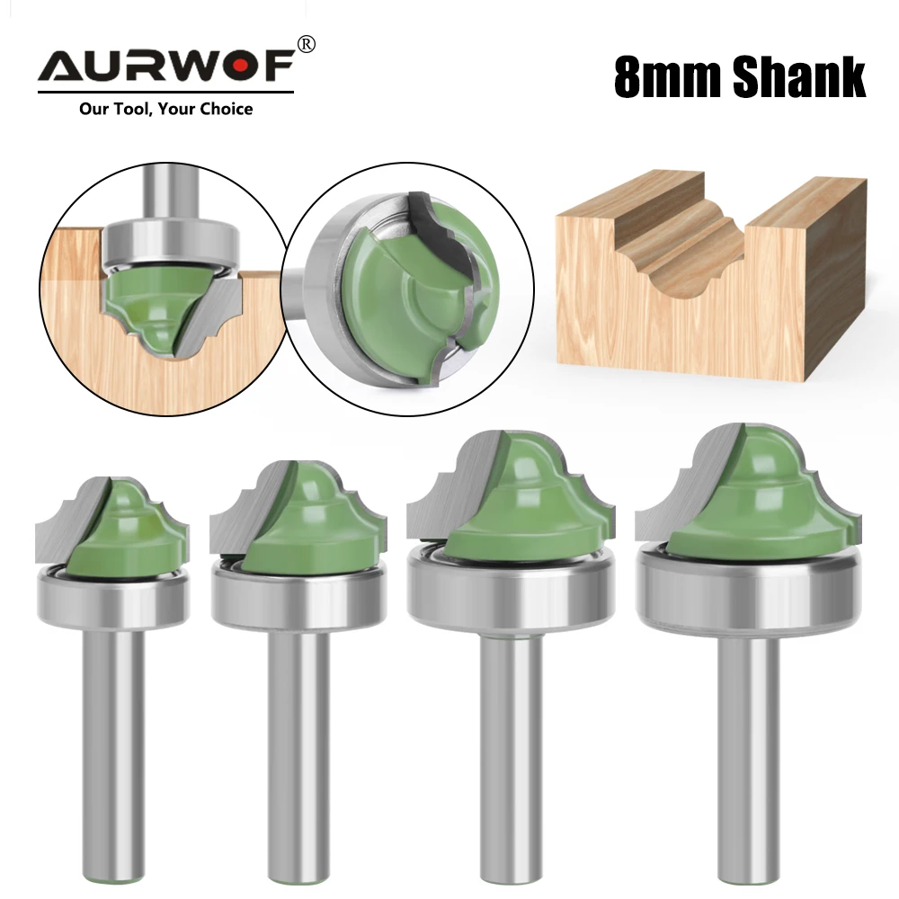 AURWOF 1pc 8mm Shank Bearing Edge Router Bit Set, HSS Wood Profiling Cutter With Bearing Guide, 19/22/22.2/26/28mm MC02100S