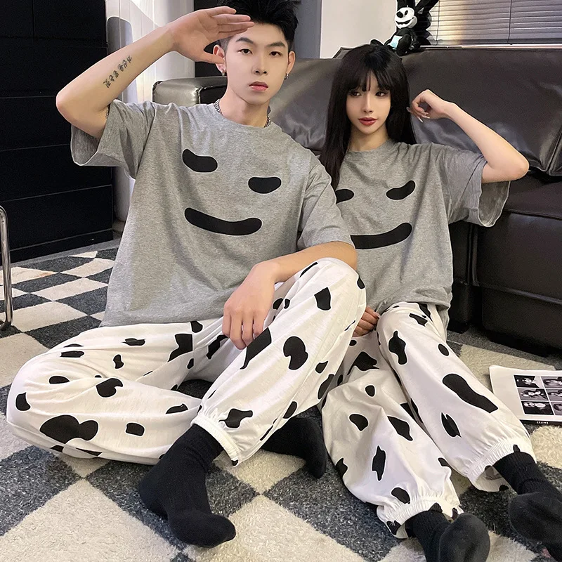 New men\'s couple pajamas summer round neck short-sleeved trousers loose casual cartoon cute loungewear suit can be worn outside