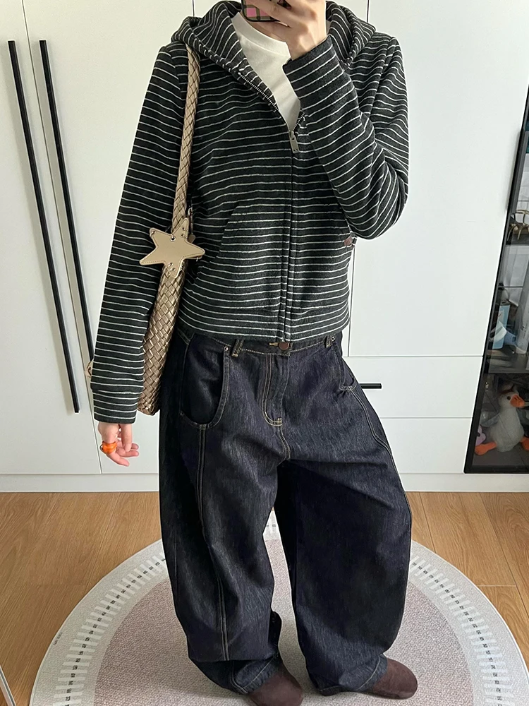 เสื้อคาร์ดิแกนผู้หญิงทรงเข้ารูป สไตล์ถักนิตติ้ง มีฮู้ด เปิดด้านหน้า ดีไซน์ลายทางสุดเก๋ แฟชั่นลำลอง สำหรับฤดูใบไม้ผลิและฤดูใบไม้ร่วง ปี 2025