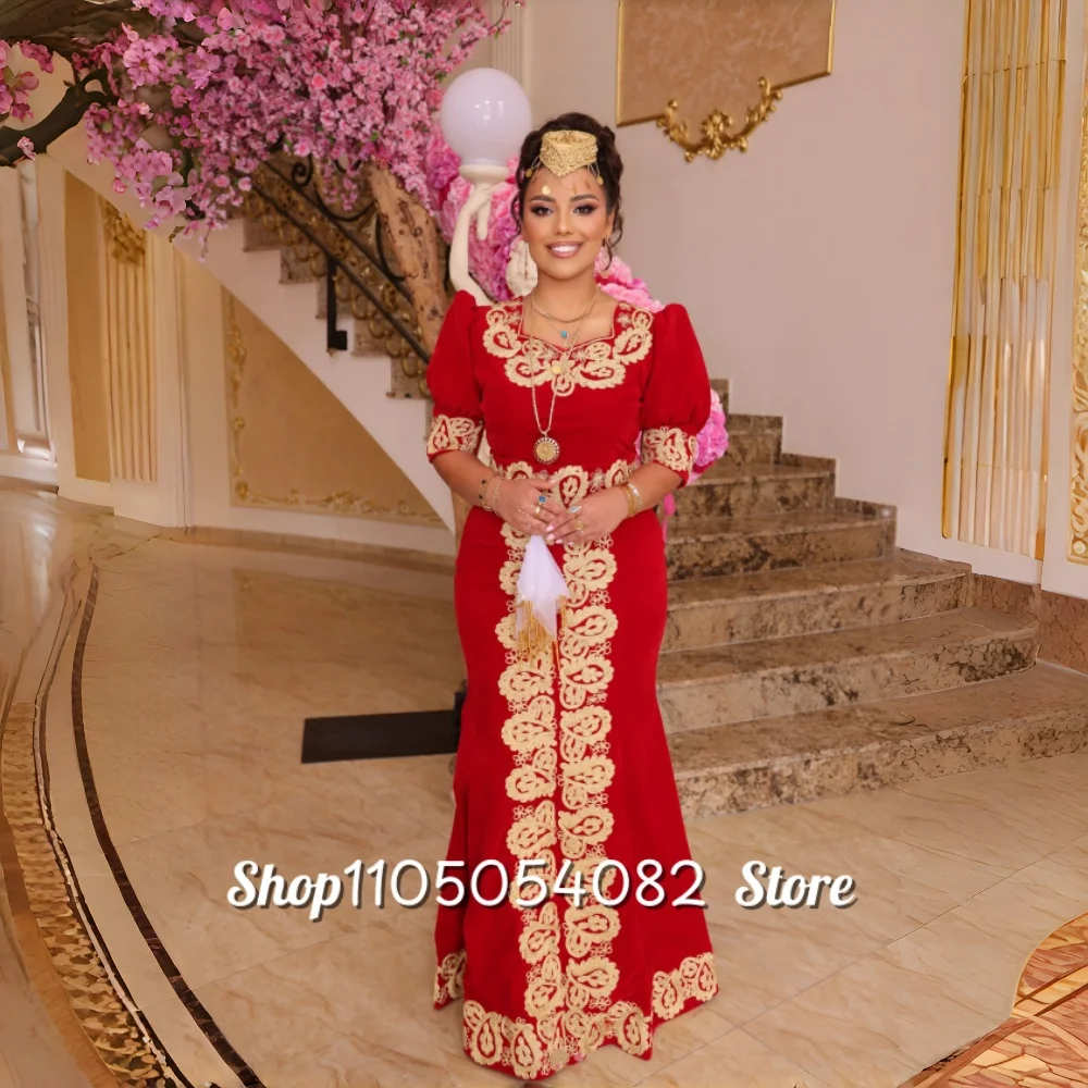 Customized Passionate Red Moroccan Wedding Dresses Square Neck Half Sleeve Gold Lace Appliqué Hip Wrap Floor Length Bridal Gowns