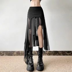 Goth  Cyber Y2K Irregular Hem Mid Skirts Harajuku Fashion Streetwear Mesh Patchwork Club Alt Bottoms Punk Skirt for Women