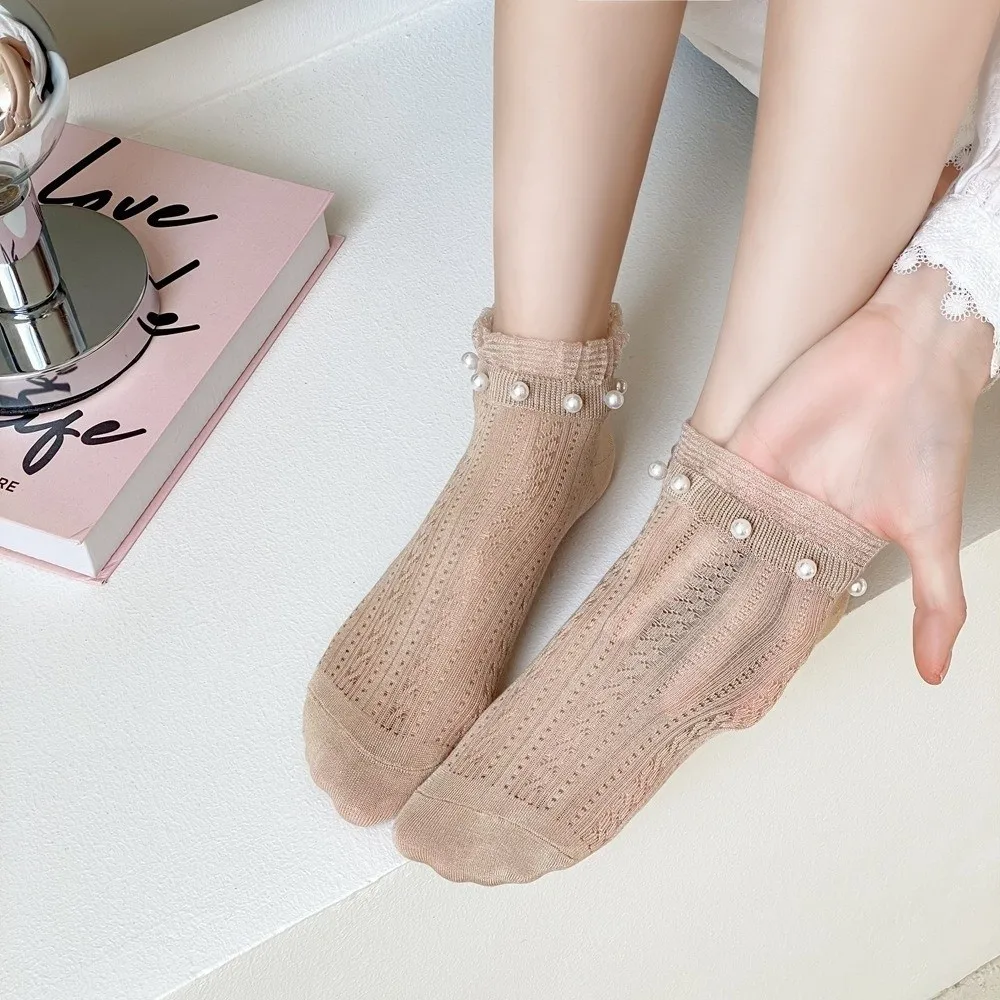 Elastic Lace Ruffle Socks Low Tube Breathable Pearl Frilly Short Socks Mesh Preppy Style Princess Dress Socks Women Girls