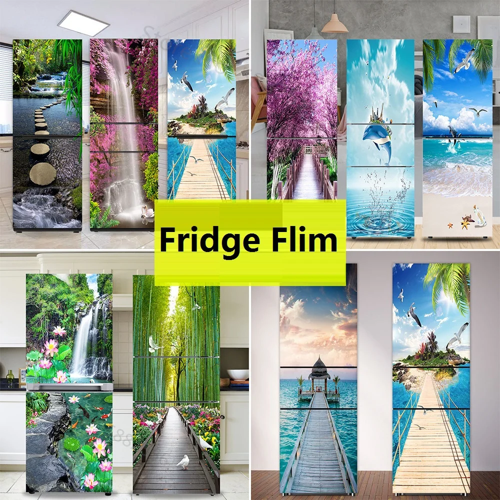 

Customized Jungle Natural Scenery Refrigerator Sticker Adhesive Waterproof 3D Wallpaper for Kitchen Closet Fridge Stickers Mural