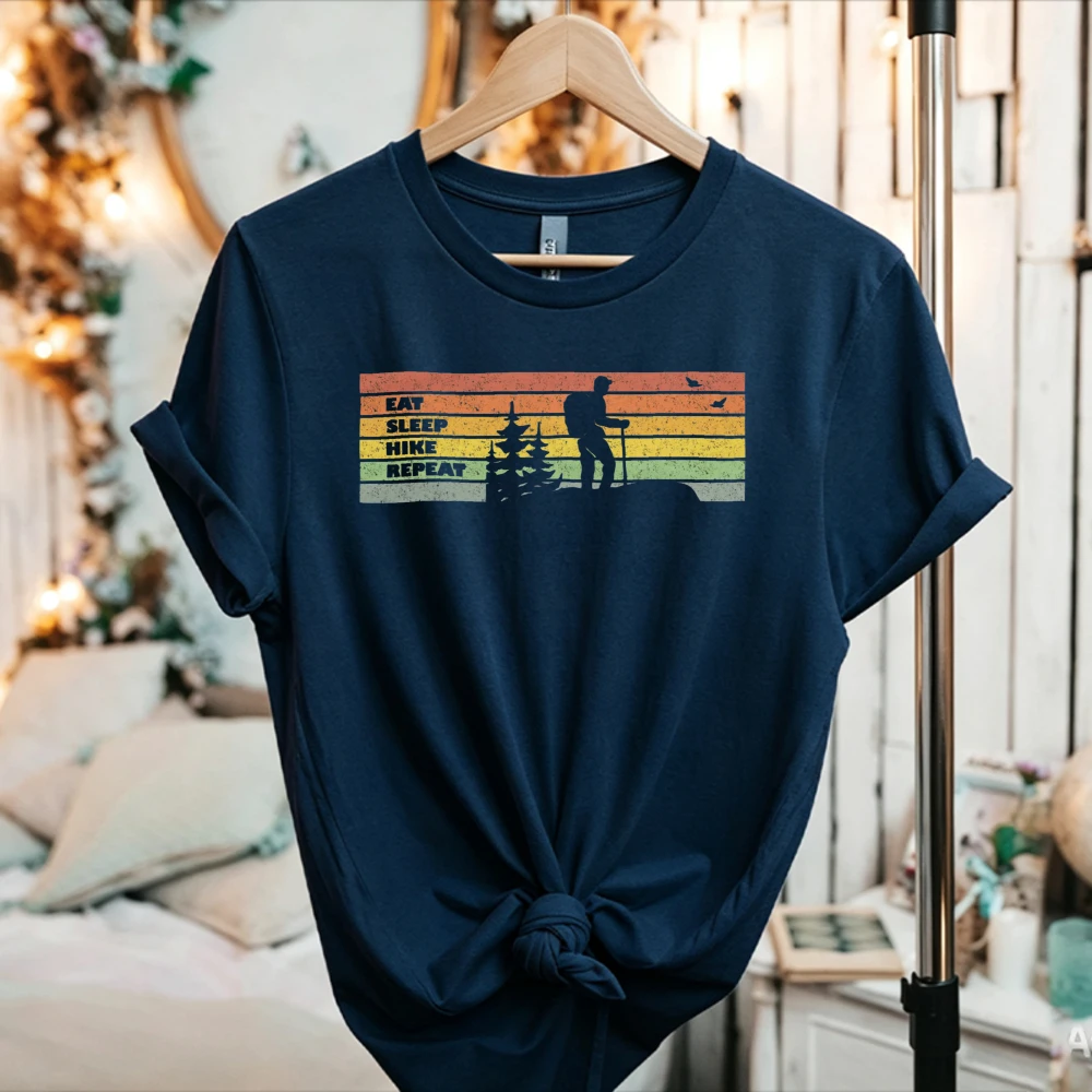 Autumn Women Eat Sleep Hike Repeat Retro Striped Cotton T Shirt Hiker Silhouette Outdoor Casual Short Sleeve Tee Adventure Tops