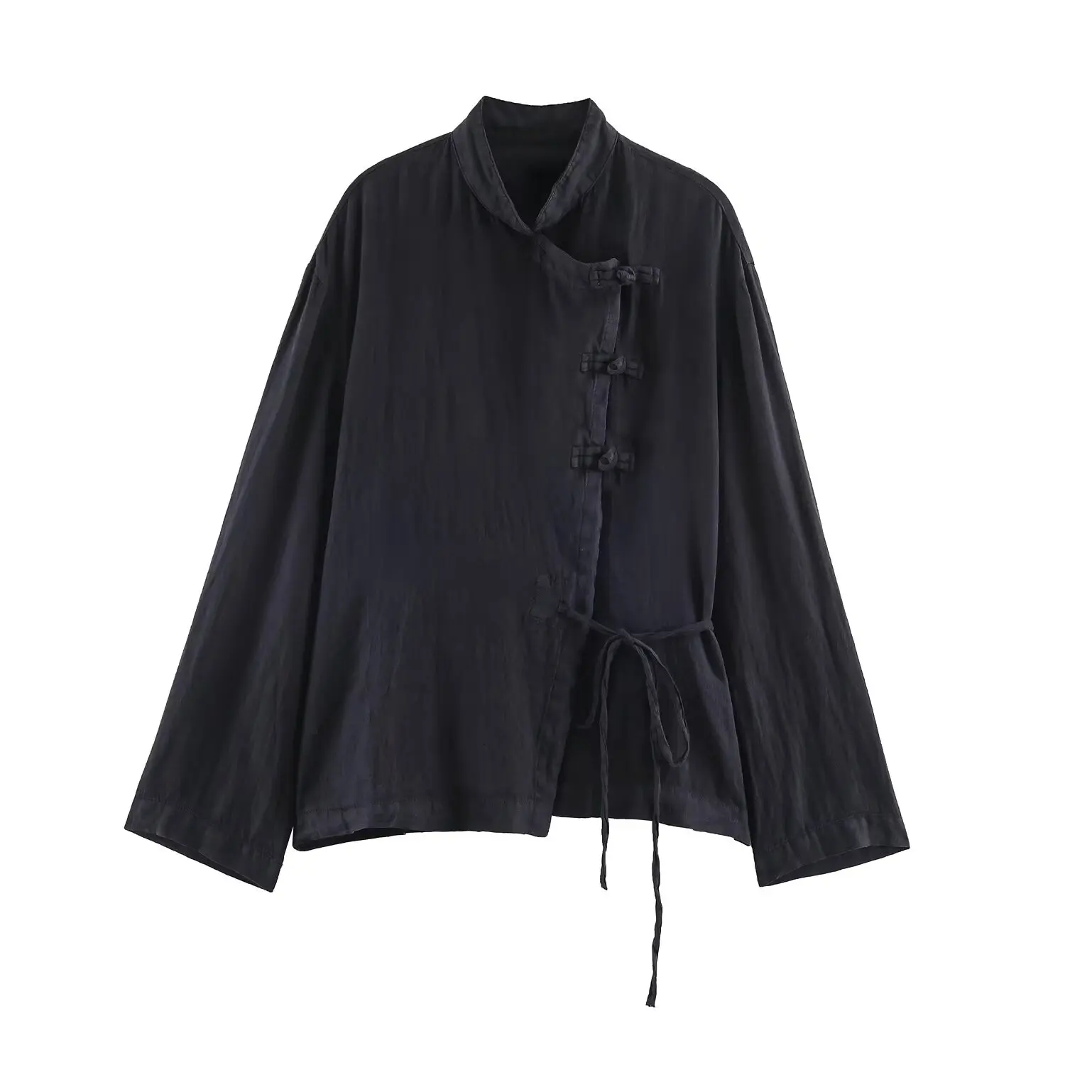 BSAY 2026 Herbst Neue Elegante Einfarbige Chinesische Bluse mit Stehkragen, Froschknöpfen, Seitlicher Schnürung, Langen Ärmeln, Locker Sitzendes Freizeithemd für Damen – Detail 2