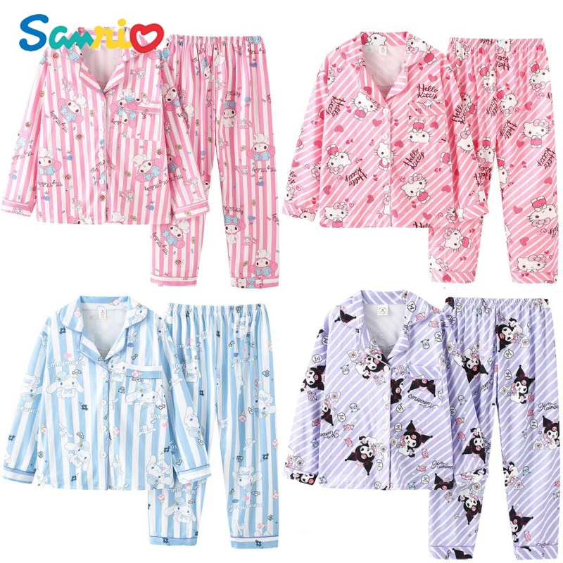 

Anime Kawaii Sanrios My Melody Cinnamoroll Kuromi Kids Homewear Set Cardigan Lapel Girls Boys Wear Outside Casual Pajamas Suits