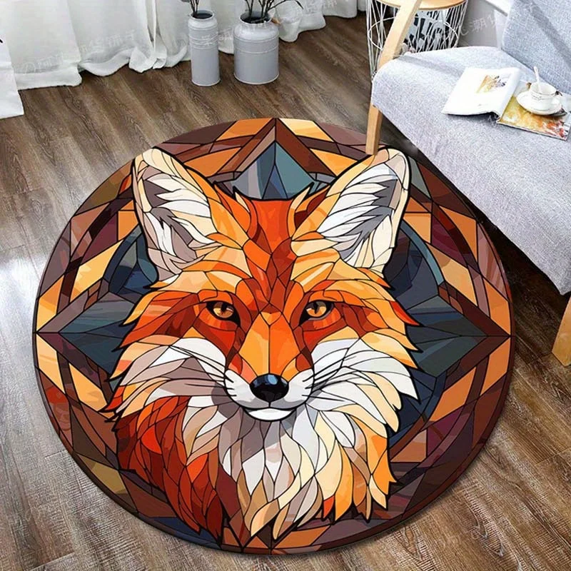 

Stained Glass Style Red Fox Head Geometric Mosaic Round Rug, Colorful Animal Art Floor Mat for Bedroom Living Room Sofa Side