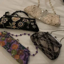 Lost in Vintage Hand-embroidered Glitter Beading Leaf Floral Evening Bag Kiss Lock Frame Sparking Sequins Chain Prom Handbag