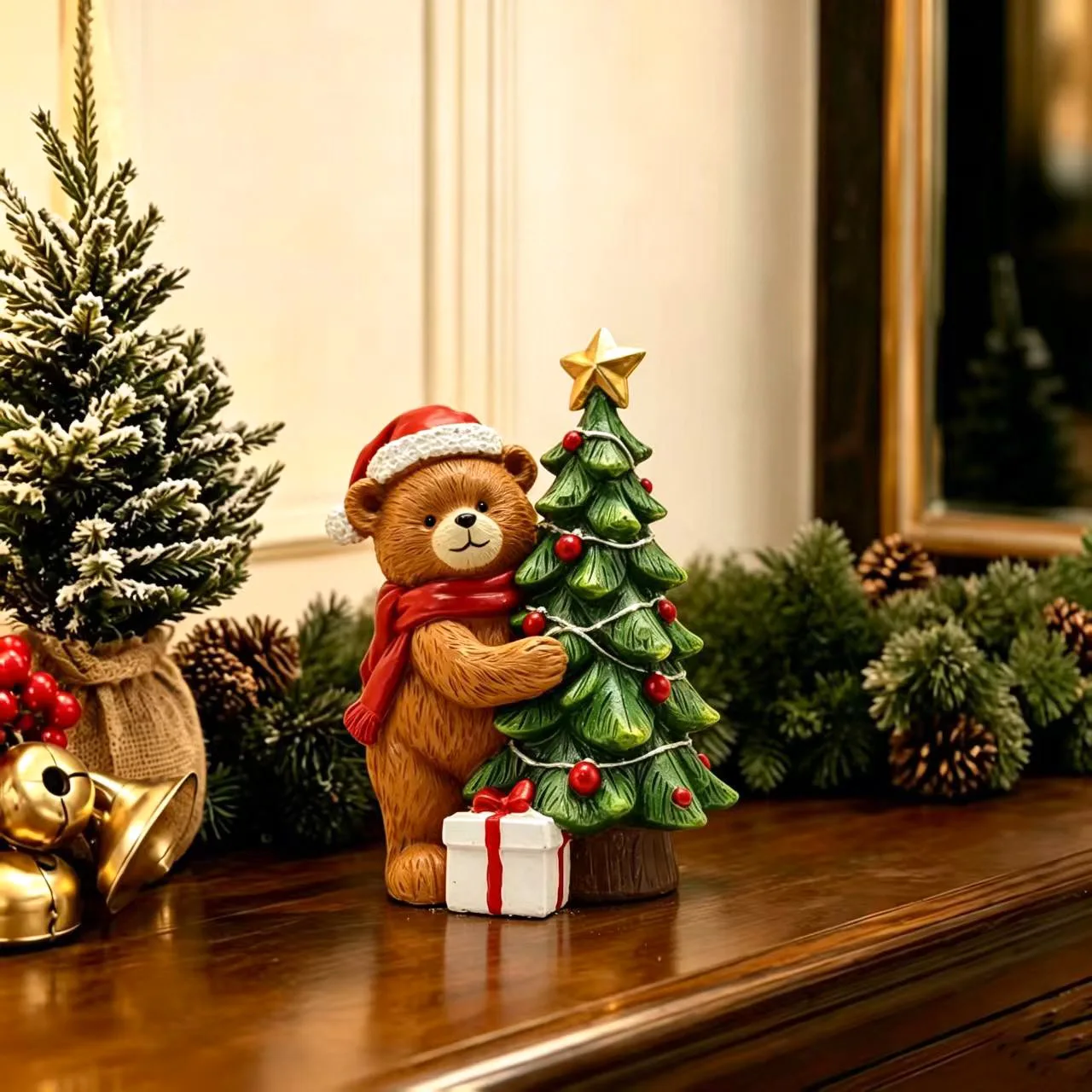 Christmas Bear Hugging Christmas Tree Resin Crafts Ornament Cute Holiday Desktop Decoration Christmas Gift