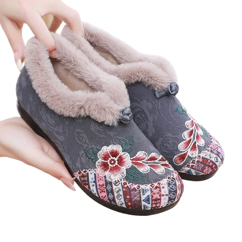 Black Emboridery Floral Fur Loafers Women Cozy Outdoor Trekking Shoes Ladies Mom Granny Warm Soft Moccasins Feamle Plush Sneaker