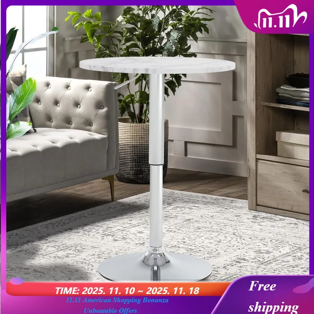Round Bar Table, Adjustable Height Bar Table, Modern Cocktail Bar Table with MDF Top and Metal Base, Bistro Pub Table