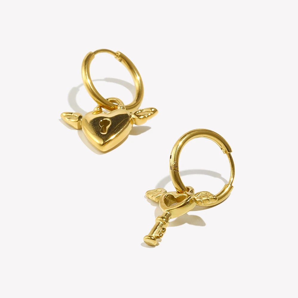 E.B.belle  Asymmetrical Angel Cupid Heart Lock and Key Charm Small Huggies Earrings Fashion Stainless Steel Drop Earring