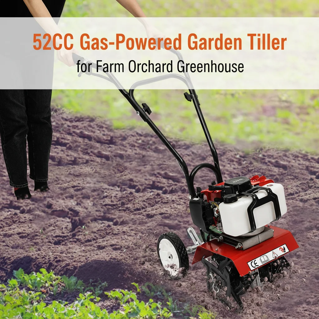 Cultivador de Jardín a Gasolina de 52CC y 1700w con 4 Cuchillas Ajustables, Mini Arado para Granja, Huerto e Invernadero