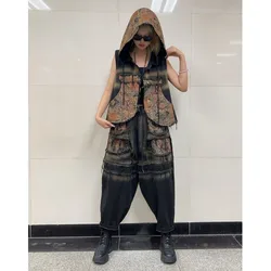 Trendy Cool Vintage Pant Set Color Blocked Denim Hooded Vest + Wide Crotch Pants Two-piece Set Women Outfit 2024 Autumn ZF226