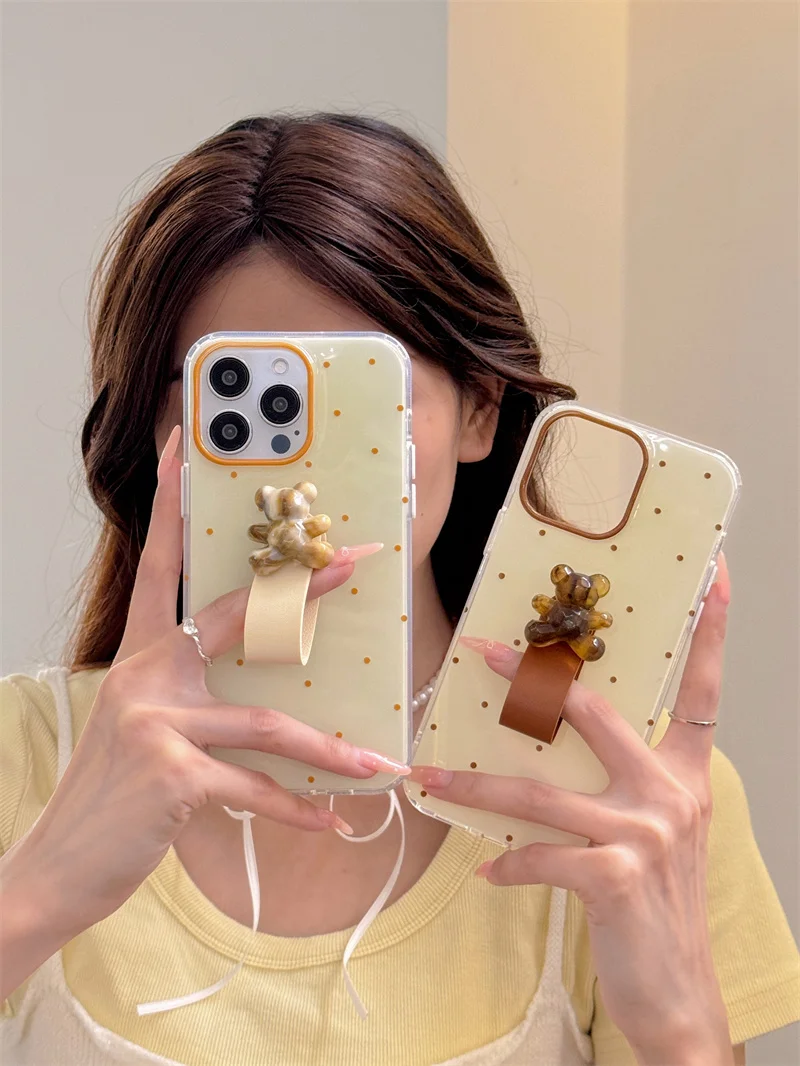 Small Simple Wave Point Three Dimensional Bear Ring Buckle for iPhone 15 14 13 12 Pro Max Double Silicone Creative Anti-fall