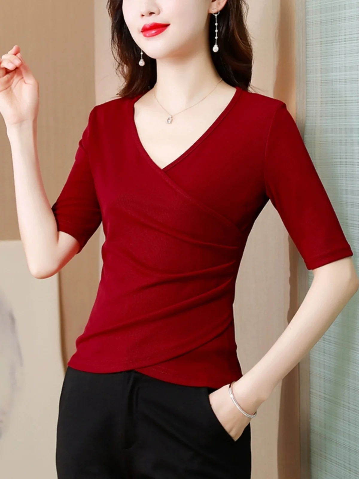 

Slimming Ice Silk ort Sve T-irt Women's Faionable Casual Asymmetrical Waist-Cinching Summer New Sle Korean Commute...
