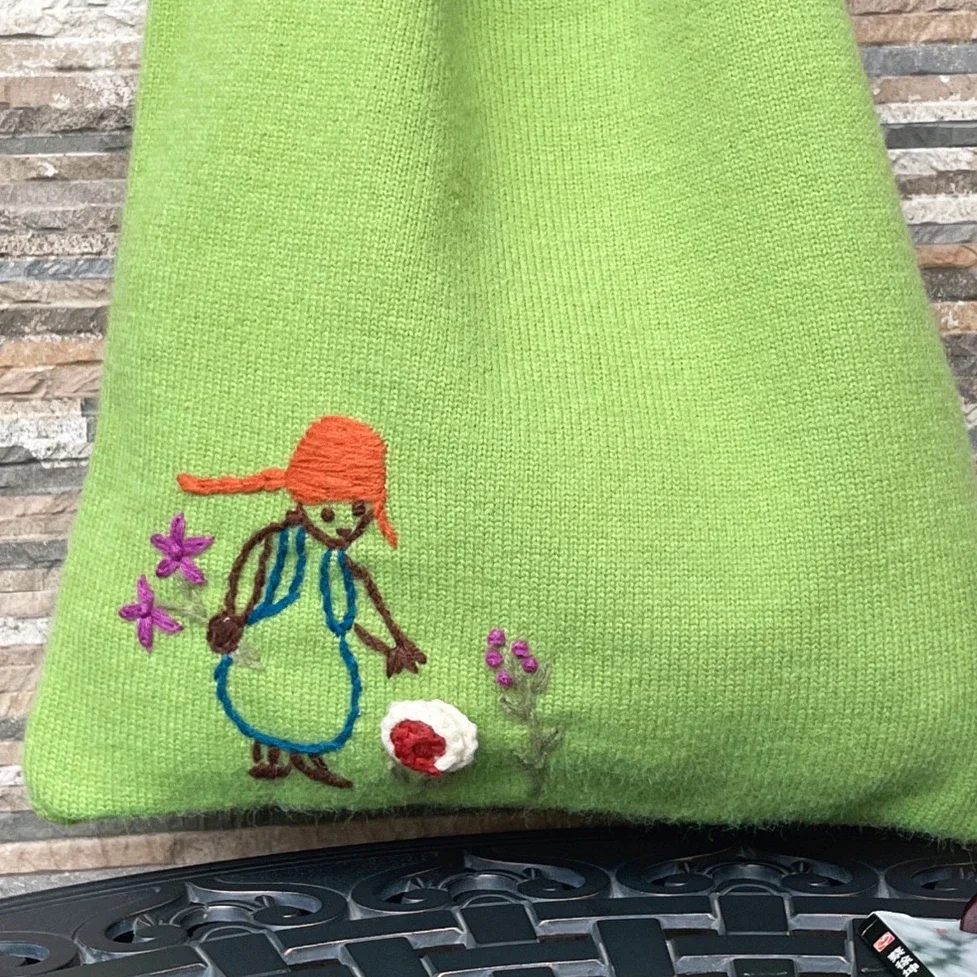 Women Handmade Floral Embroidery Casual Big Capacity Crochet Pouch Bag 2024 Cottage Core Granny Knitted Soft Green Shopping Bag