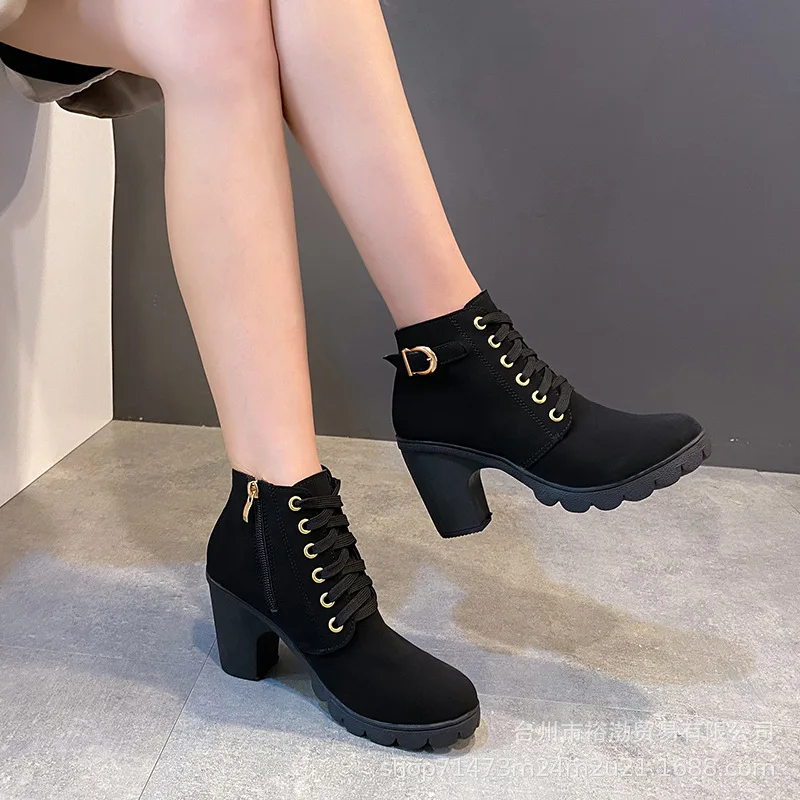 2024 European and American women's high-heeled buckle thick heel round toe lace up boots    5474