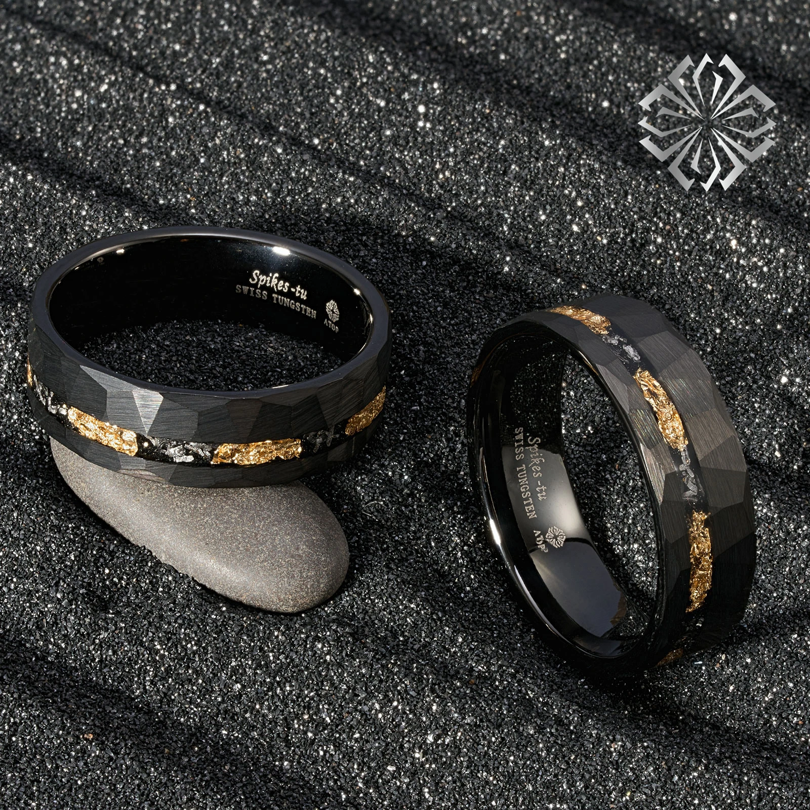 24K Gold Foil & Meteorite Black Faceted 8mm ATOP Jewelry Tungsten Ring