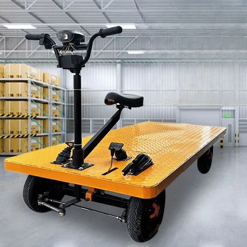 Front and back riding electric four-wheeled flatbed truck, warehouse pulling cargo truck, construction site logistics orchard