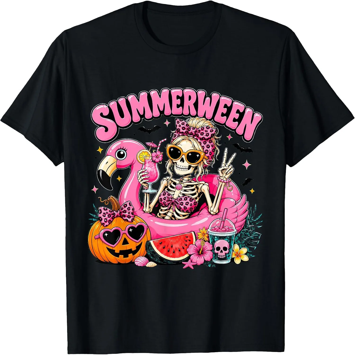 Skeleton Girl Cute Flamingo Coquette Leopard Bow Summerween T-Shirt