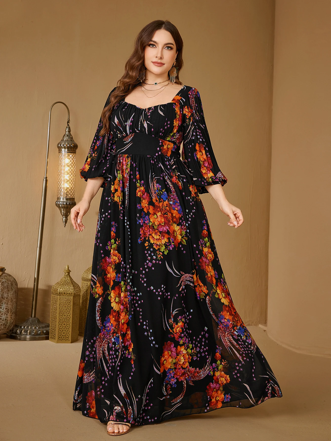 

UNITHORSE Women's [Random Print] Sweetheart Neckline Lantern Sleeve Evening Dress