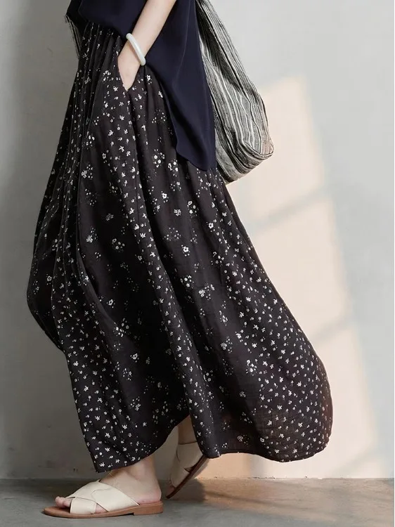 

Floral Print Double Layer Midi Skirt Women's Summer New Style Small Size Elastic Waist Slimming A-Line Skirt Casual High Waist