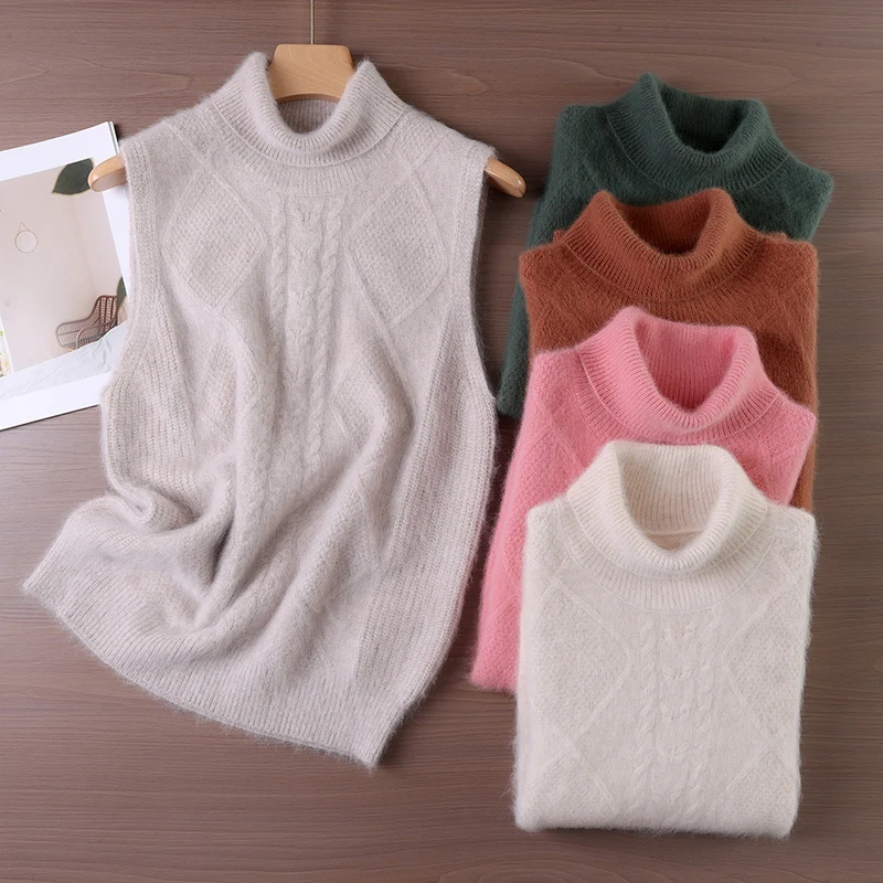 New Women 100% Mink Cashmere Sweater Turtleneck Sleeveless Pullover Vest Autumn Winter Soft Warm Casual Mink Cashmere Knitwear