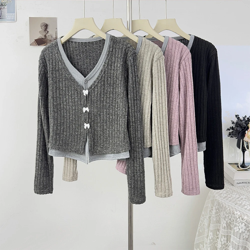 

Small Bow Decoration Slim Fit Cardigan V Neck False Two Piece Knit Top Minimalist Sweet Design Sweater Womens Clothing Tops