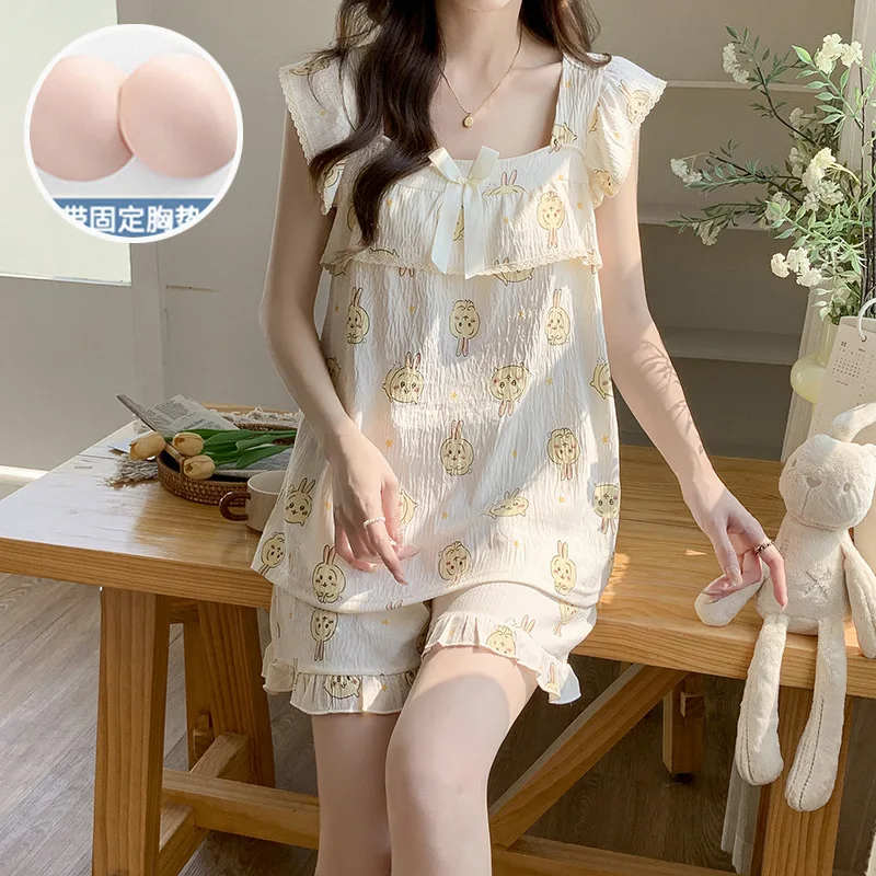 Niedliches Usagi Chiikawa Damen Gepolstertes Pyjama-Kleid Cartoon-Trägerkleid Anime Baumwolle Sommer-Tops Shorts Süße Hauskleidung