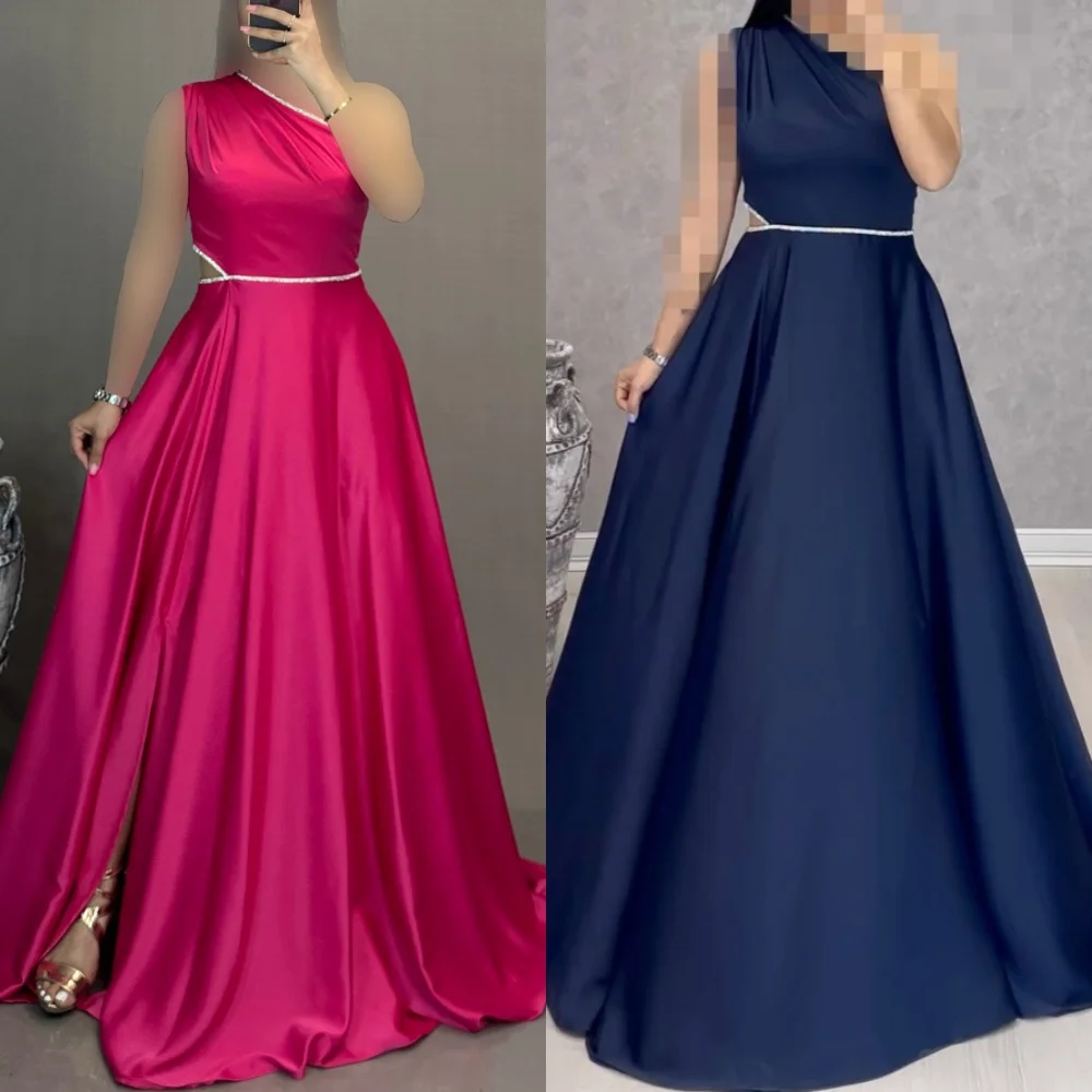 

Customized Modern Style Sexy Rhinestone Pleat A-line One-shoulder Long Dresses Bespoke Occasion Dresses Elegant Exquisite Casual