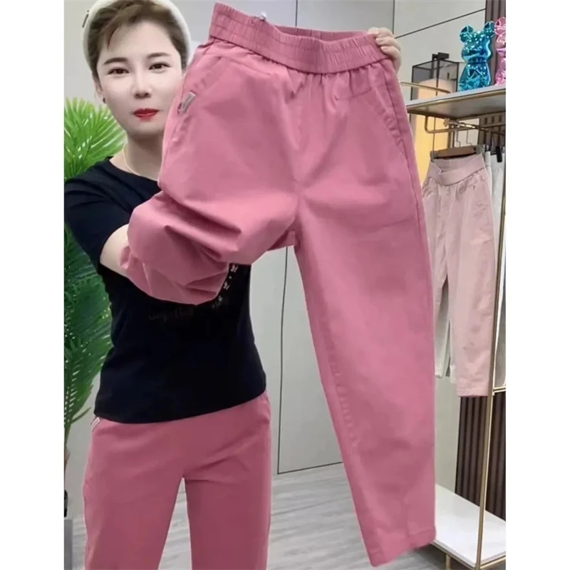 春夏綿カジュアルパンツ 2025 新しい女性韓国高ストレッチウエストハーレムパンツ女性足首までの長さのストレートズボン