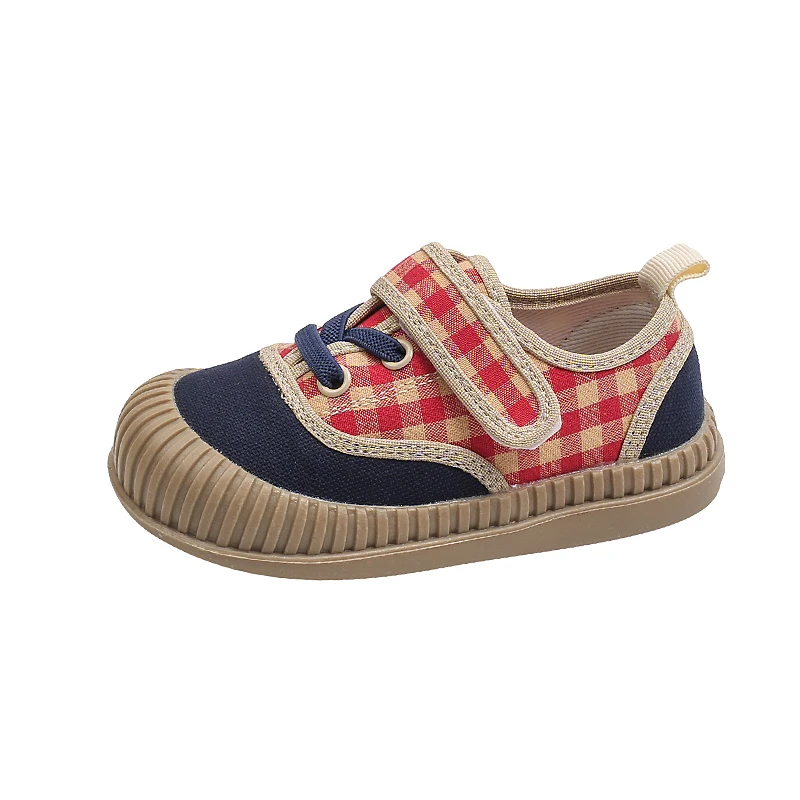 2024 Autumn New Boys and Girls Color blocked Board Shoes Baby Lattice Print Canvas Shoes Kids Soft Kindergarten Hook Sneakers