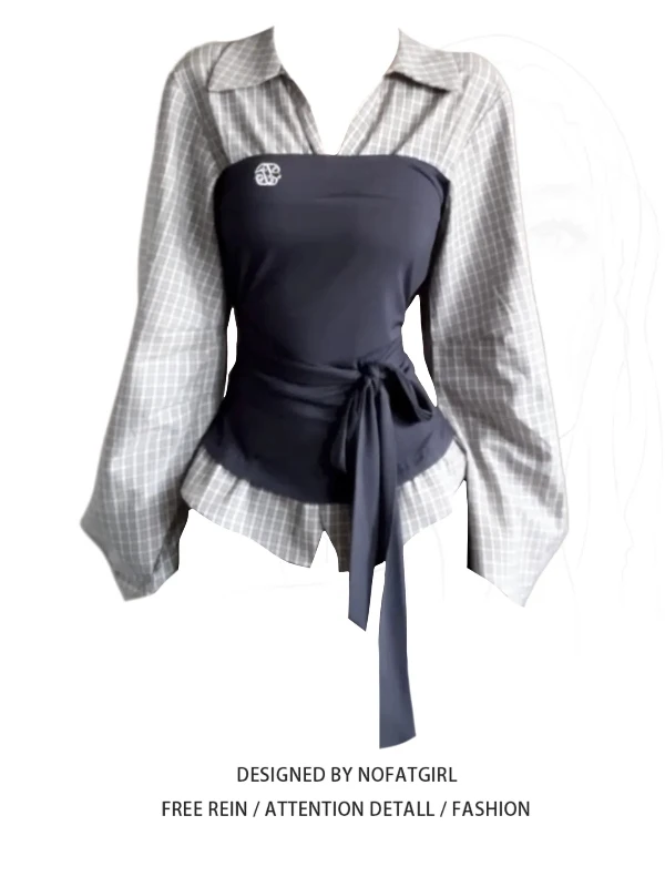 

plus Size Women's Korean Style Plaid Shirt Slimming Waist Design Long Sleeve Spring Fashion Commute Style Fake Two-Piece Top
