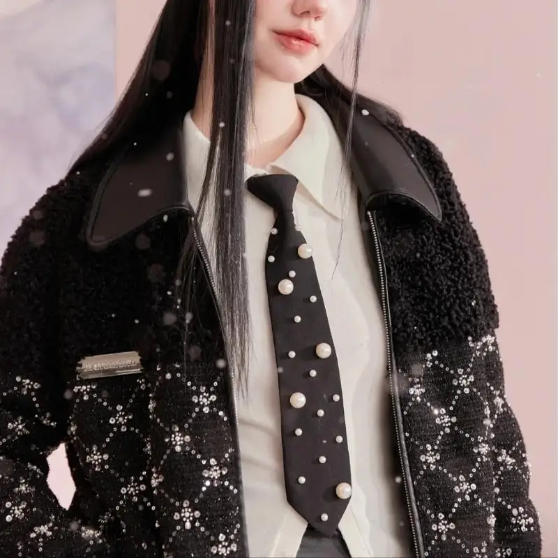 

Pearls Korean Style Pre-tied Necktie Black Women's JK Uniform Tie For Stylish Shirts Academic Style Choker Decoration Shirt Tie