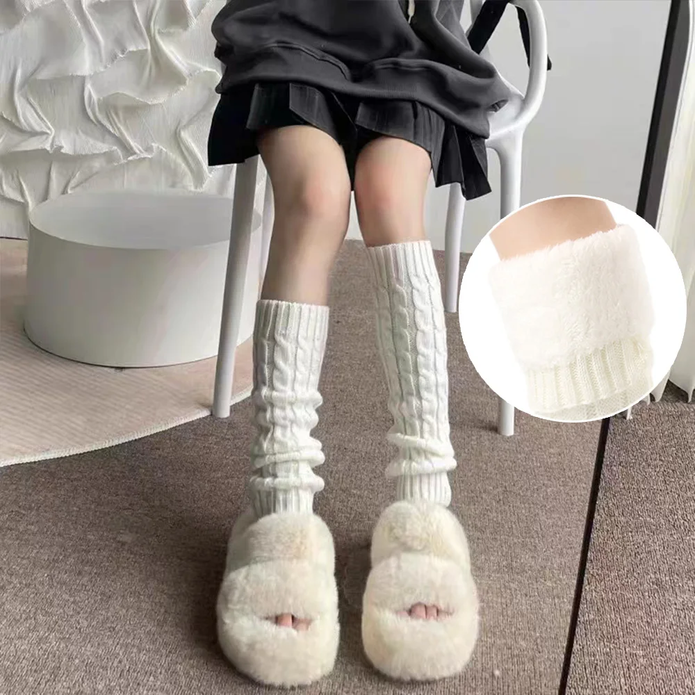 

Y2K Woman Leg Warmers Autumn And Winter Fleece Black White Knee Warmers Long Socks JK Knitted Foot Cover Girl White Leg Sleeve