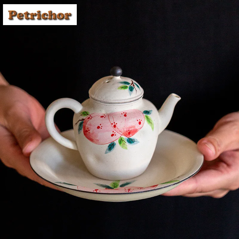 

170ml Powder Yin Hand Painted Longevity Peach Teapot Zen Tea Infuser Pot Tea Brewing Kettle With Ball Hole Tea Pot Bearing Craft