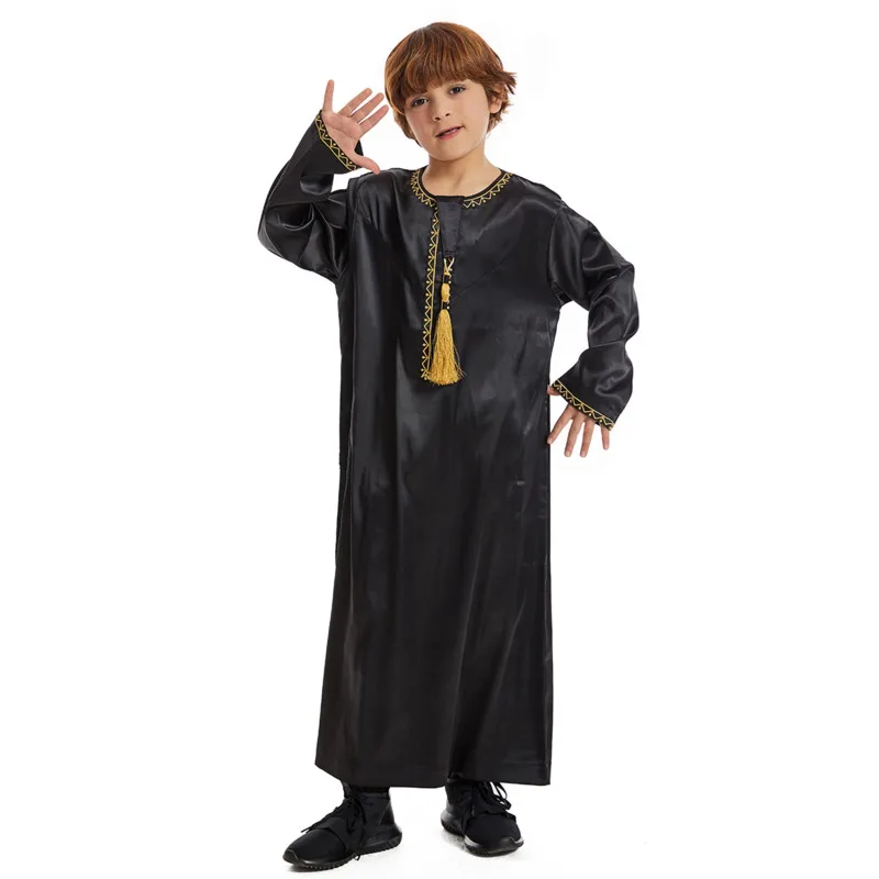 

Boy's Muslim Arabic Long Sleeve Youth Zipper Round Collar Tassel Ribbon Middle East Arab Boys Clothing Islamic Dress Kaftan Robe