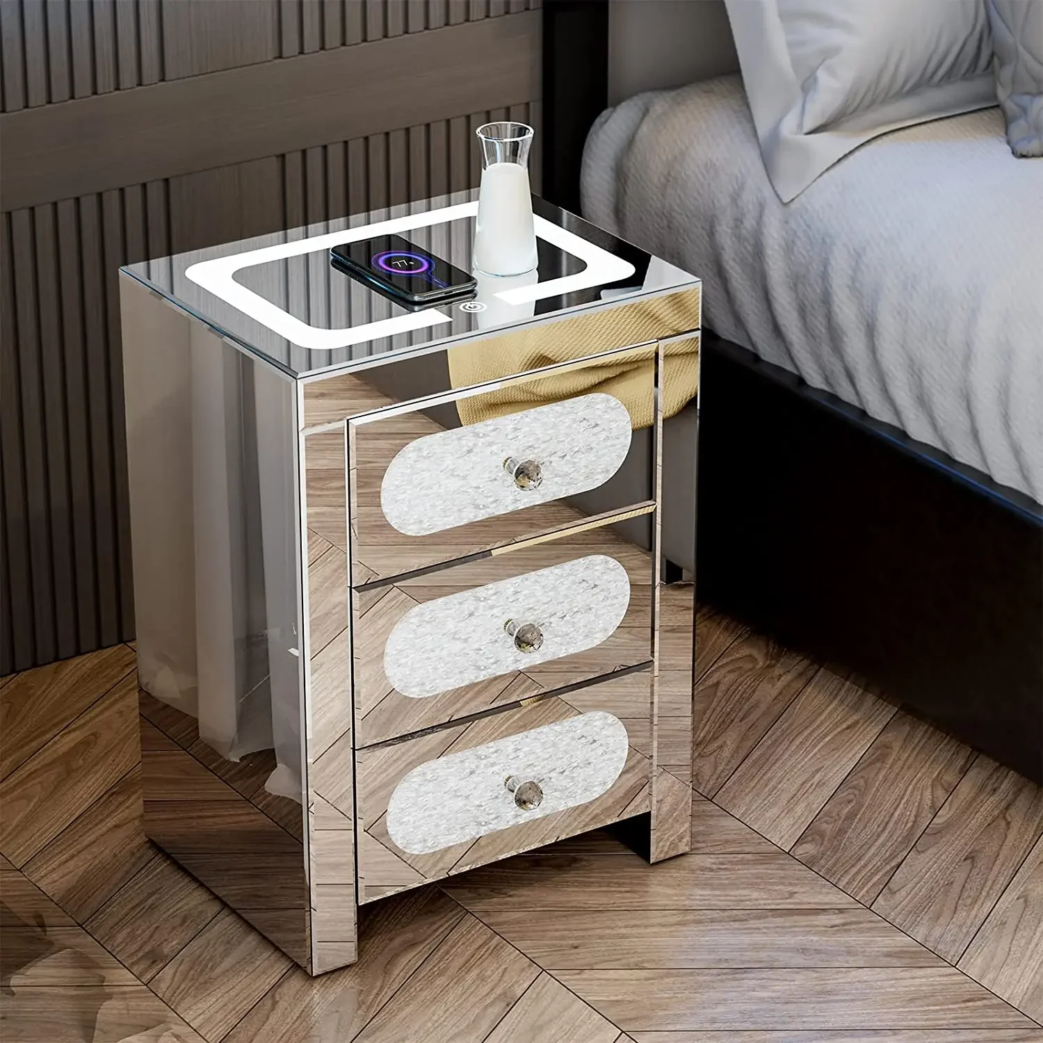 for Modern Side Table 3 Crystal Drawers Storage Cabinet With USB Ports Mirrored Nightstand End Table With Changeable LED Lights