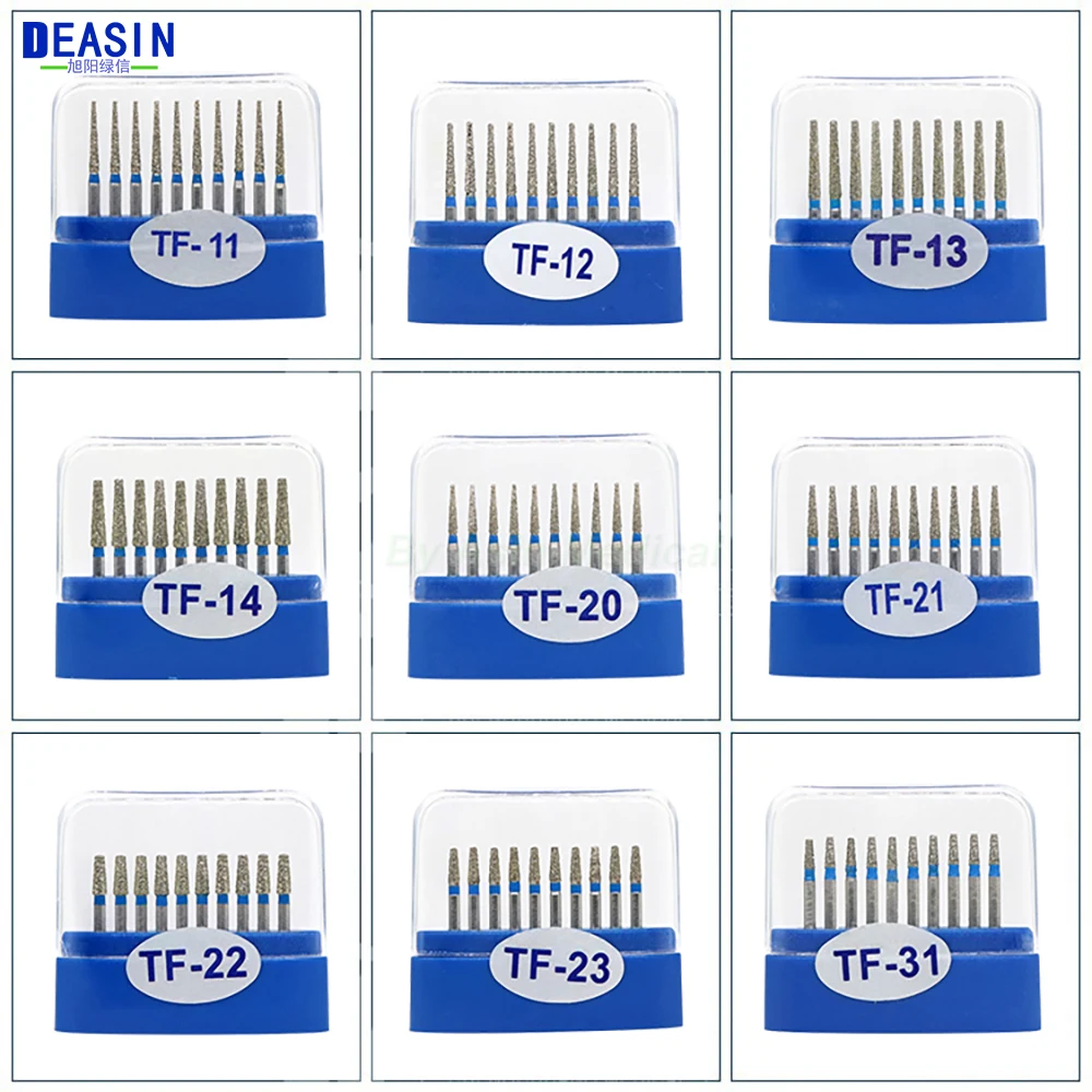 10pcs/box Dental Diamond Burs TF Series FG 1.6mm For handpiece Ceramics Composite Polishing Repair Kit Dentist Equipment