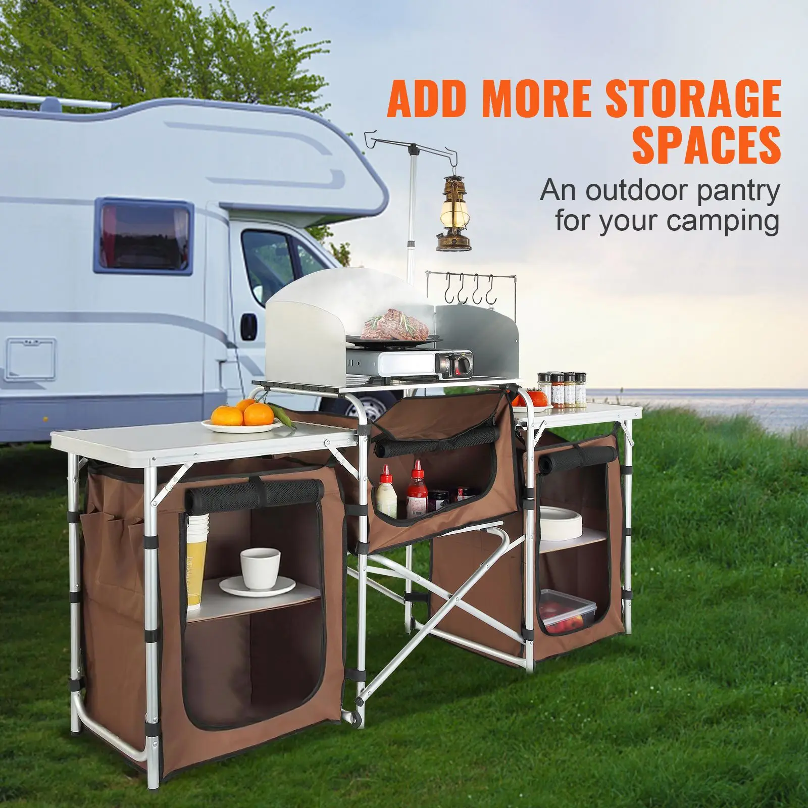 Camping Kitchen Table, Folding Outdoor Cooking with Storage Carrying Bag, Aluminum Station 3 Cupboard & Detachable Windscreen