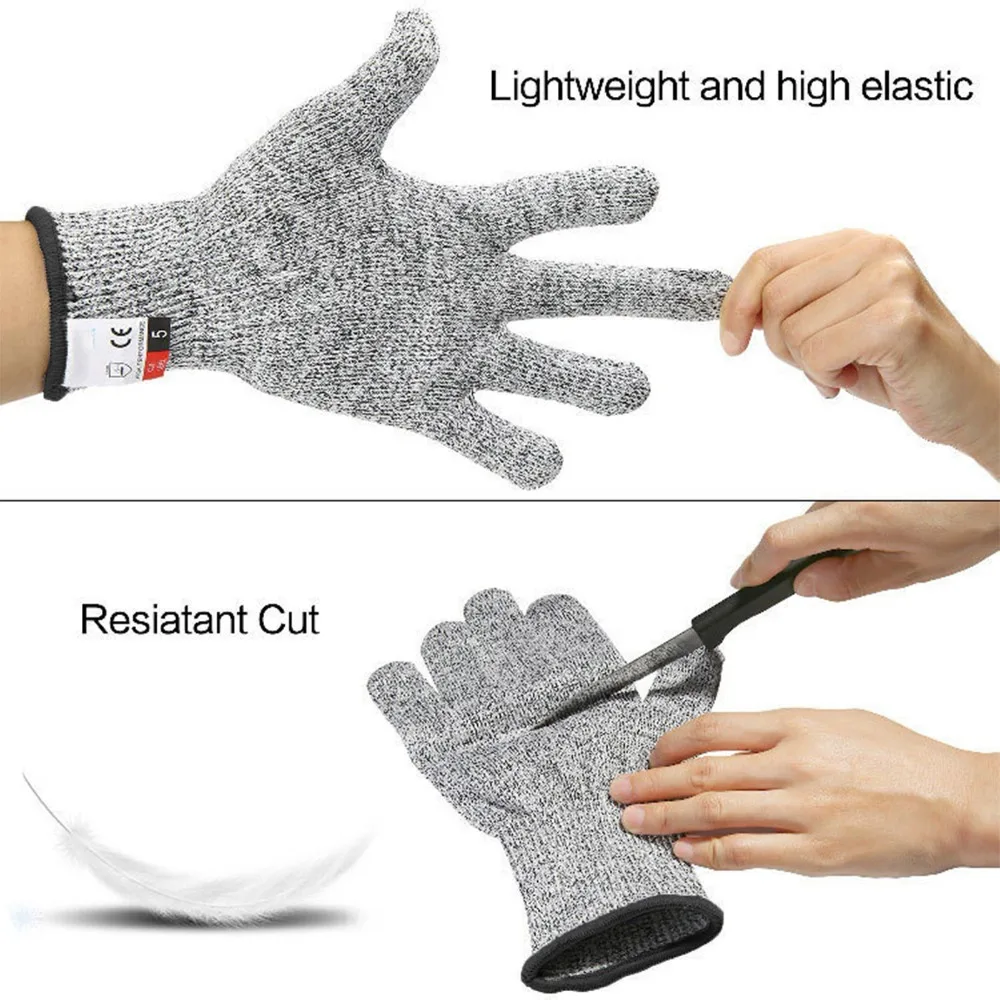 2 pairs HPPE Cut Resistant Gloves Wear Resistant Gray Black Border Food Grade Gloves Level 5 Protection