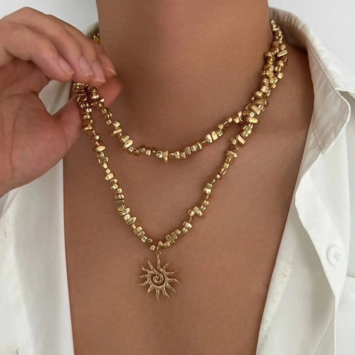 PuRui خمر العصرية طبقة مزدوجة عباد الشمس قلادة قلادة الرجال الإبداعية الشرير غير النظامية البلاستيك الخرز سلسلة القلائد مجوهرات #3