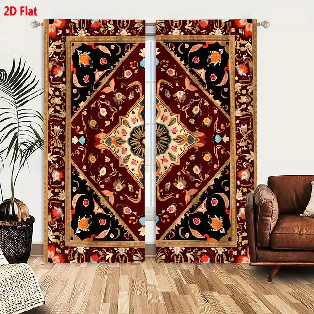 2Pcs Curtains Add 2D Flat Persian Ornate Rug Pattern With Diamond Medallion Burgundy Background Floral Motif And Arabesques Wind