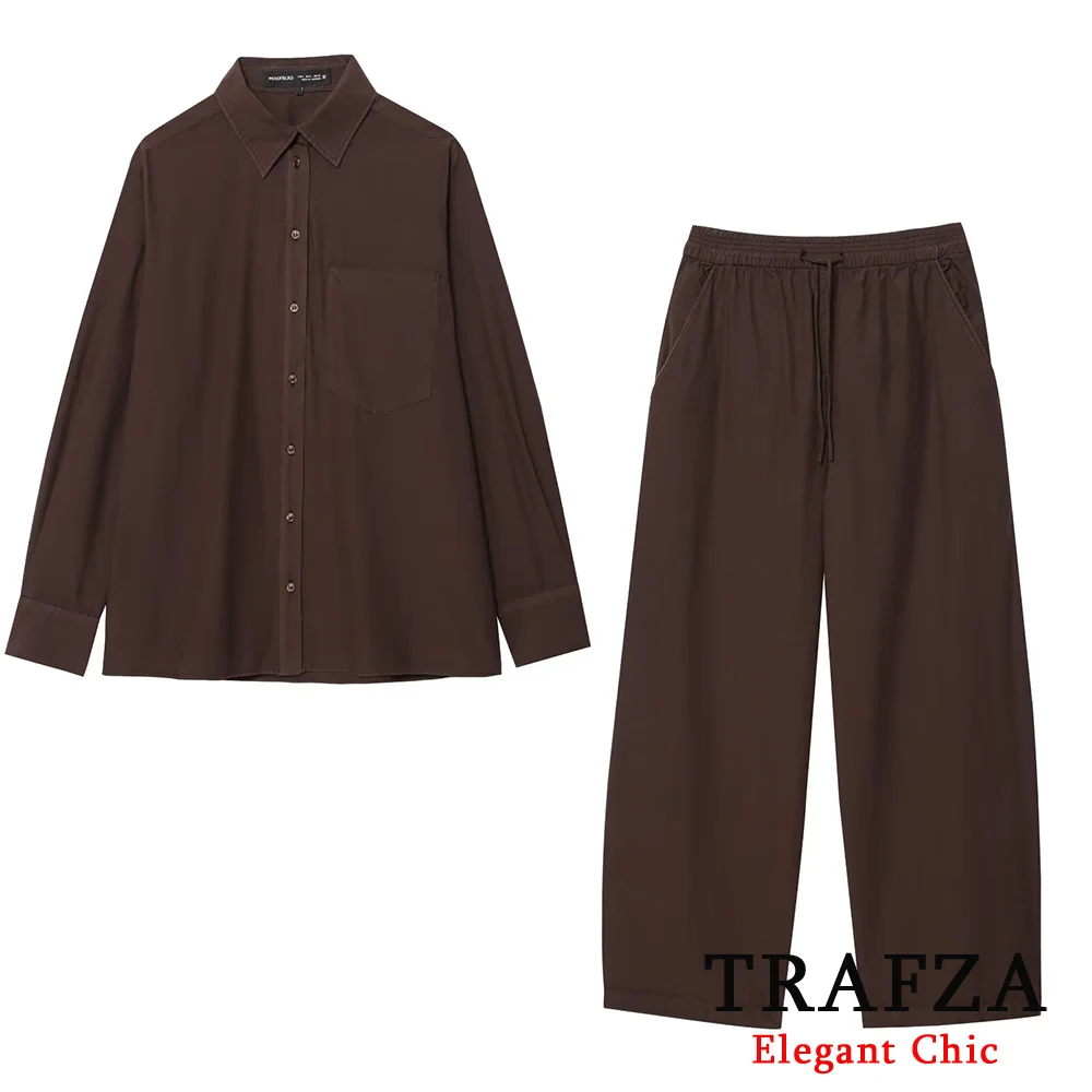 

TRAFZA Casual Brown Pants Set Women Buttons Loose Shirt Drawstring Long Pants 2025 New Fashion Spring Summer Holiday Mujer Set