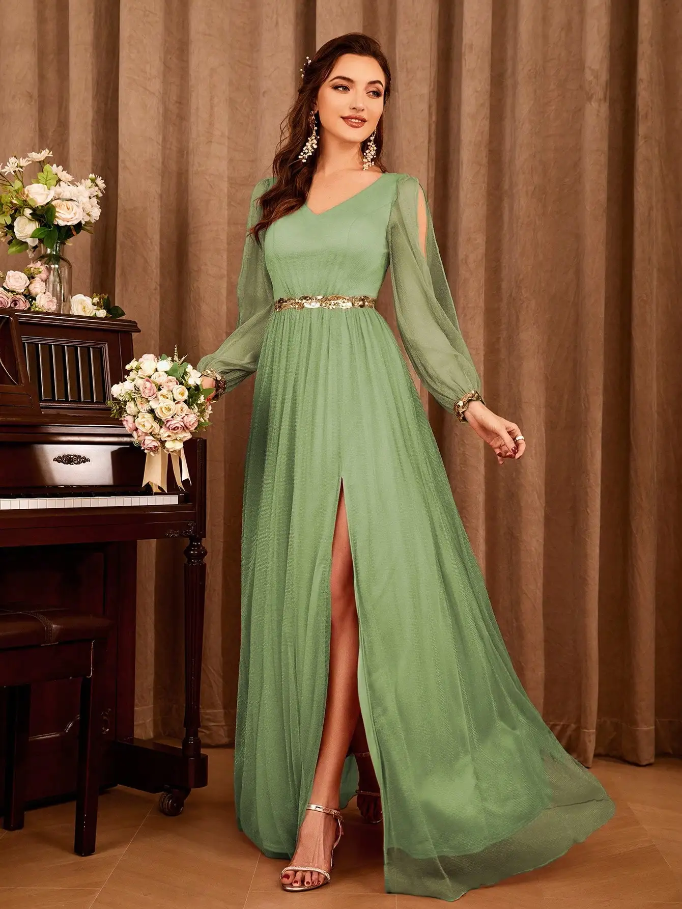 Mgiacy V-neck gauze applique slit elegant Evening gown Ball dress Party dress Bridesmaid dress