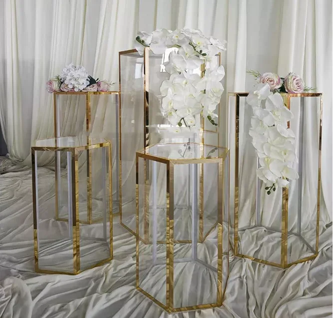 

Shiny gold wedding event transparent acrylic hexagonal cake dessert table flower rack