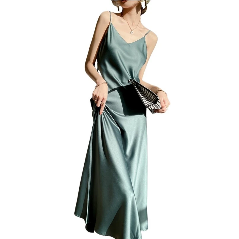 

2024 Luxury Shiny Imitation Silk Party Dresses for Women Sexy Acetate satin Sundress Fashion Ladies vestidos roupas femininas