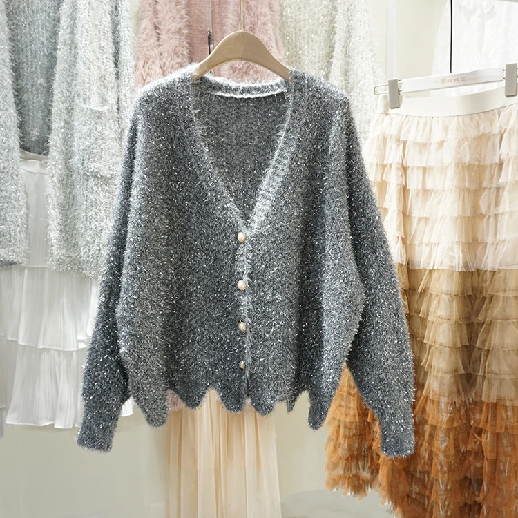 Korean Style V-Neck Short Knitted Loose Sweater Coat Single Button Sparkling Lazy Style Autumn Winter New Arrival Women\'s Fas...