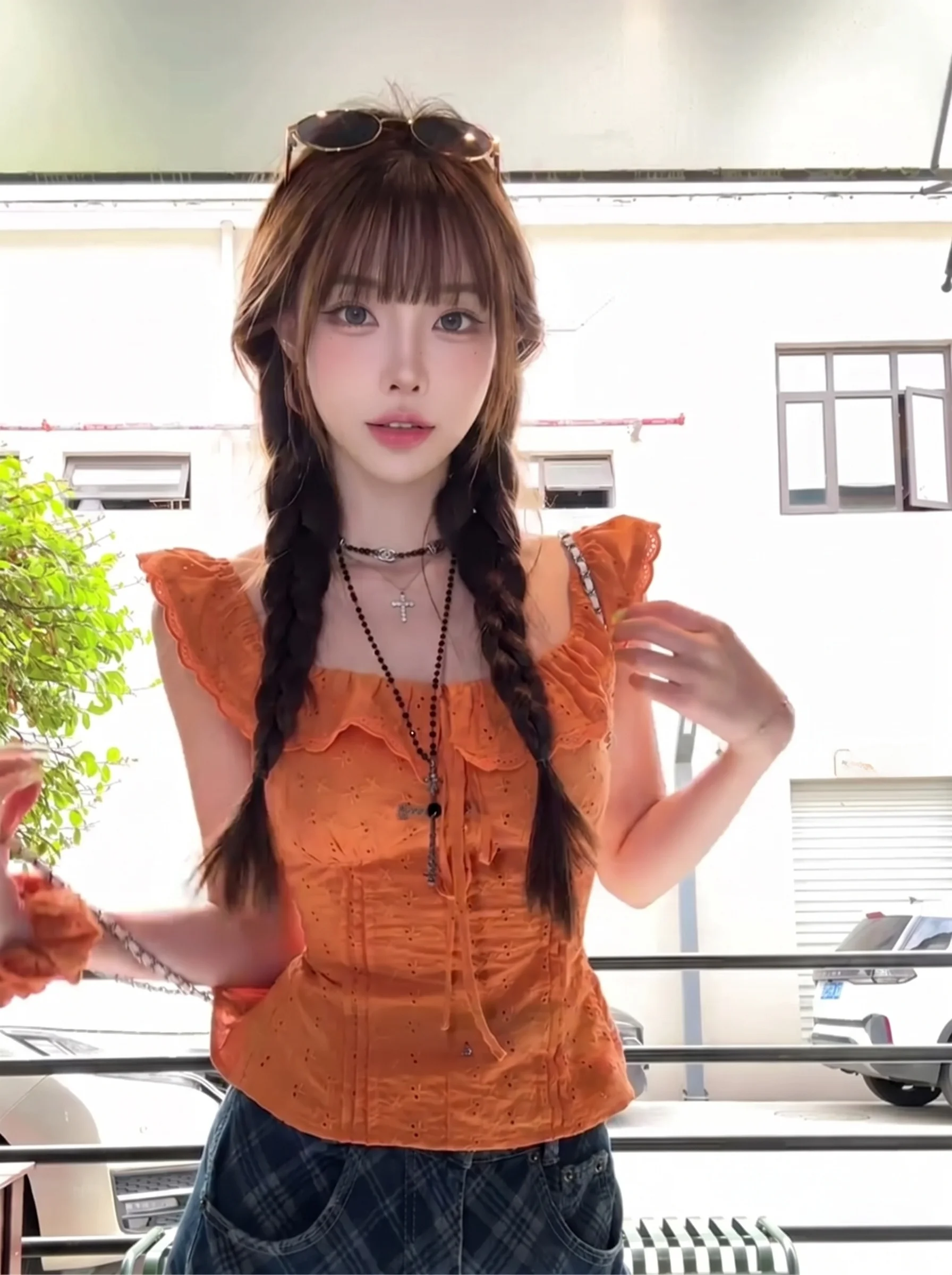 

Orange Ruffle Sleeve Short Shirt Women Summer Sexy Slim Fit Flattering Fly Sleeve Short Top French Style Fashion Ladies